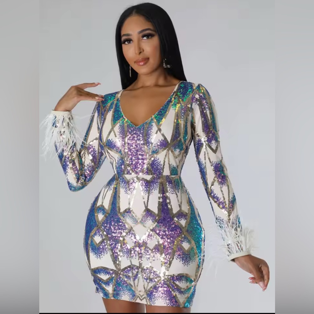 Sparkly Sequin Dress V Neck Feather Long Sleeve Celebrity Party Mini Dress